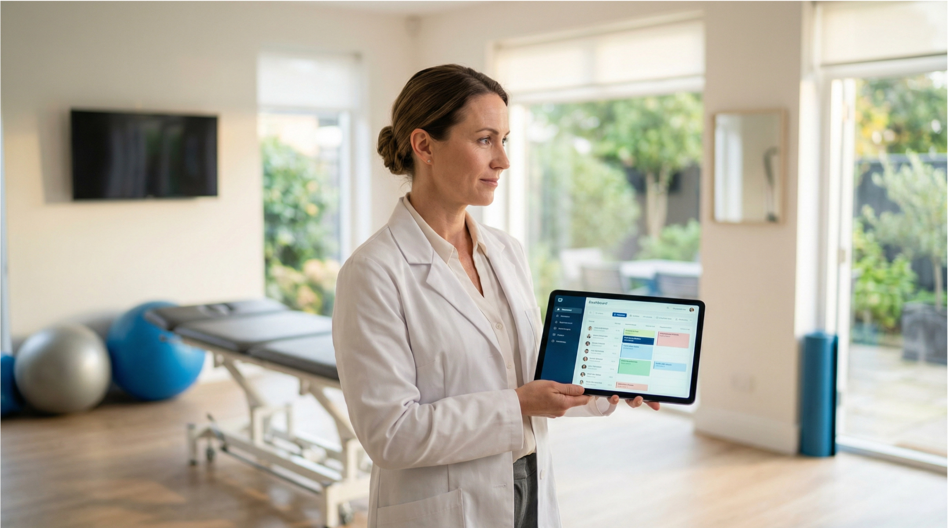 Physiotherapeutin digitalisiert ihre Praxis mit einem modernen Tablet-Dashboard